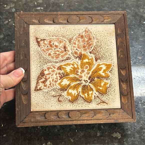 Piemme Other - Vtg 80s Piemme Made in Italy Trivet Tile Wood Frame Brown Cream Floral Decor 8"